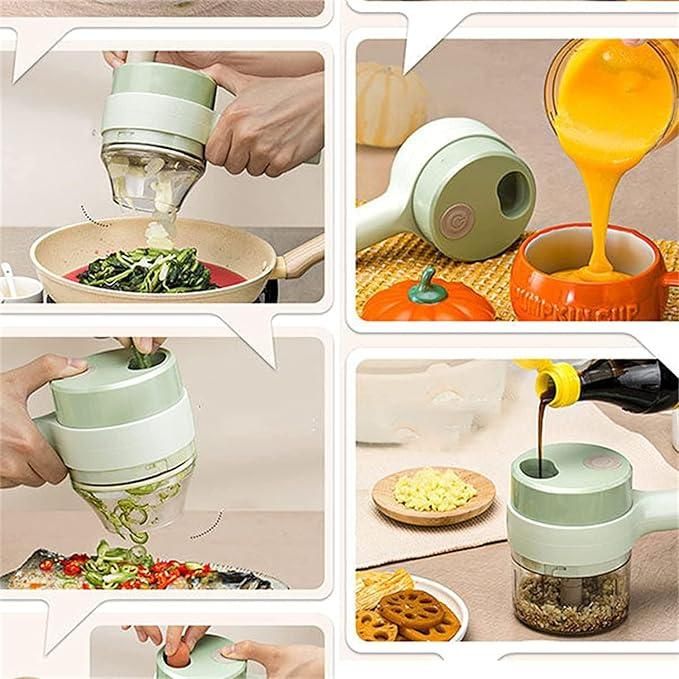 Collage of a kitchen tool being used for various cooking tasks.