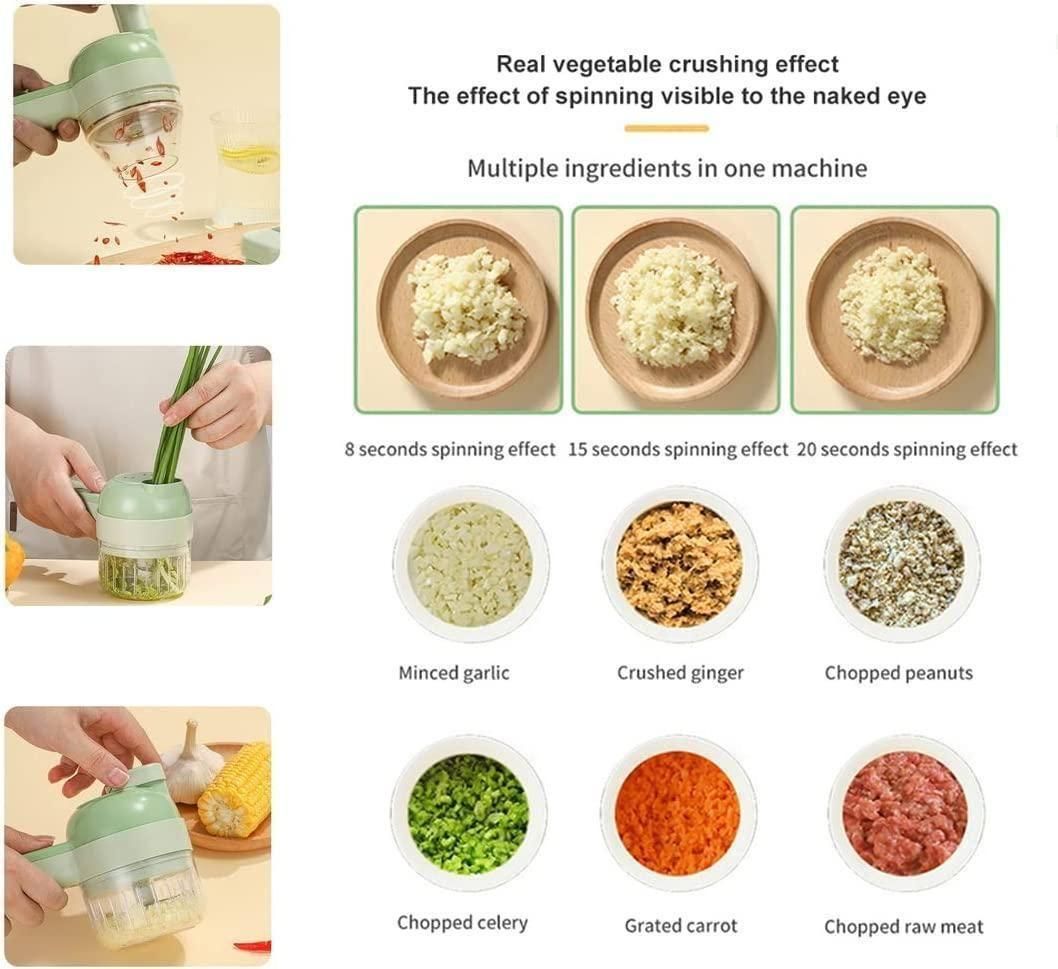 Vegetable chopper with images of minced garlic, crushed ginger, chopped peanuts, chopped celery, grated carrot, and chopped raw meat.