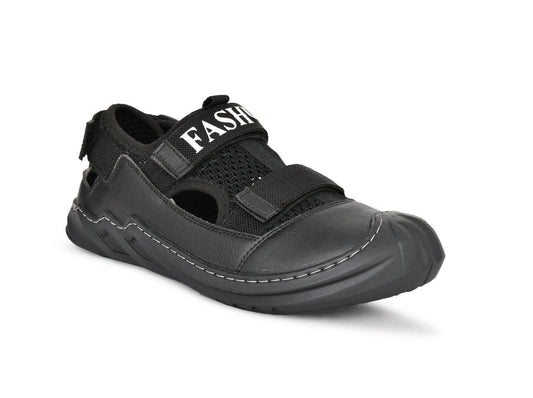 Black sandal with 'FASHION' strap on a white background